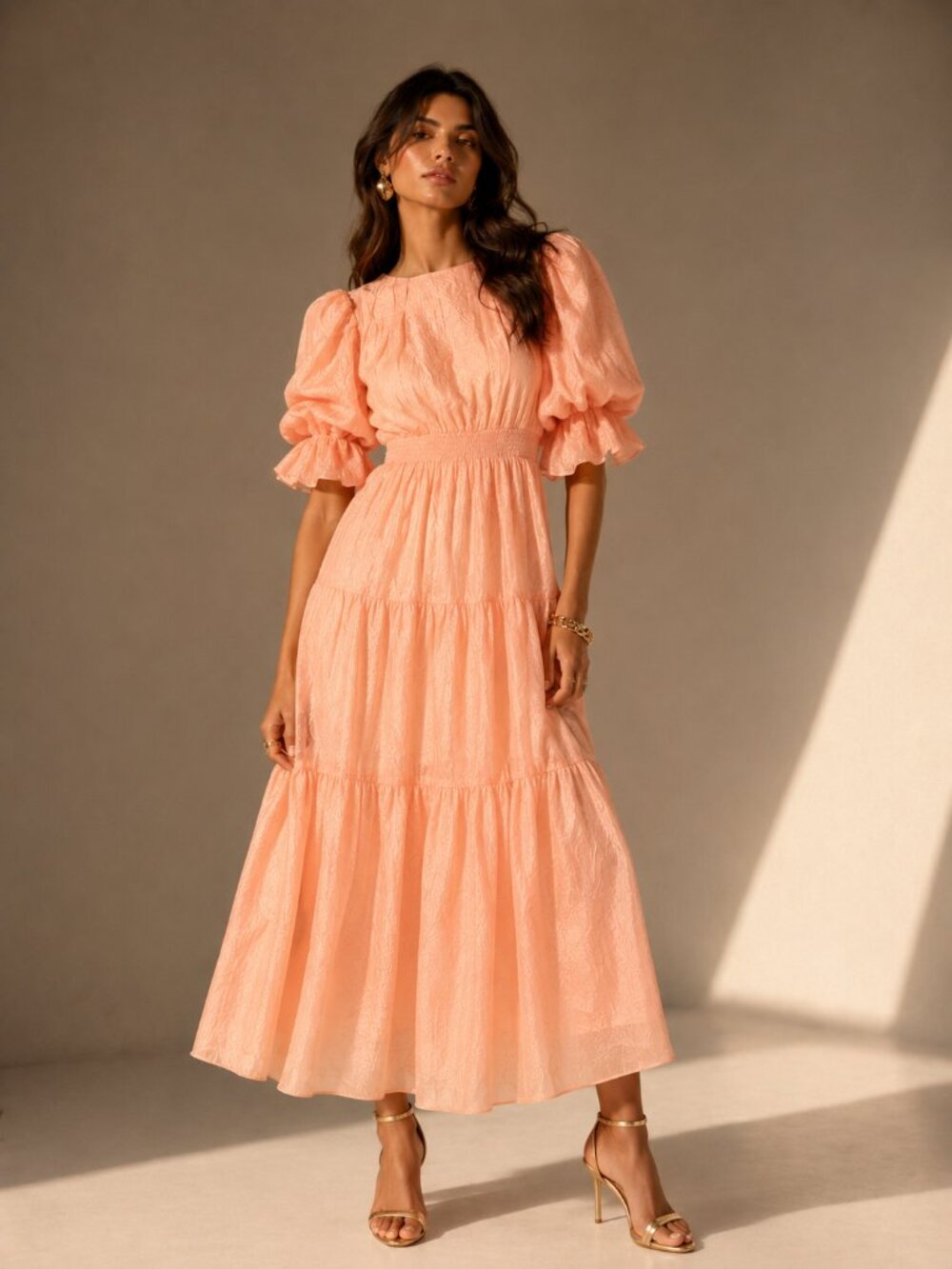 ANTHTROPOLOGIE Moon River Peach Puff Sleeve Shirred Tiered Midi Dress NEW NWT